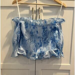 Destinaire women’s smocked off shoulders ruffled top size S blue NWOT